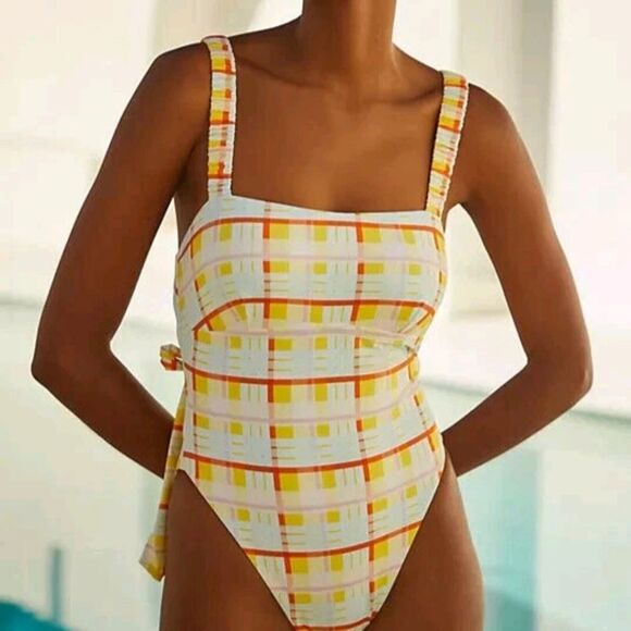By Anthropologie Sanja Scrunchie Strap Plaid One Piece Swimsuit Size 8 - Picture 7 of 11